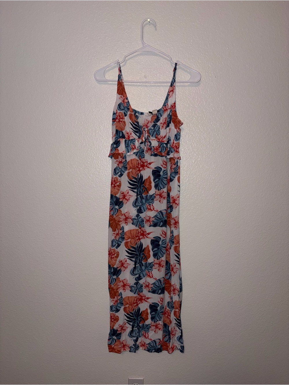 Roxy Close to Sea Tropicalt Floral Midi Dress Size M Blue Red White Ruffle Tie
